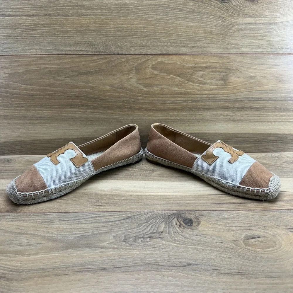 Tory Burch Cream and Tan Canvas Espadrilles with Logo Trim